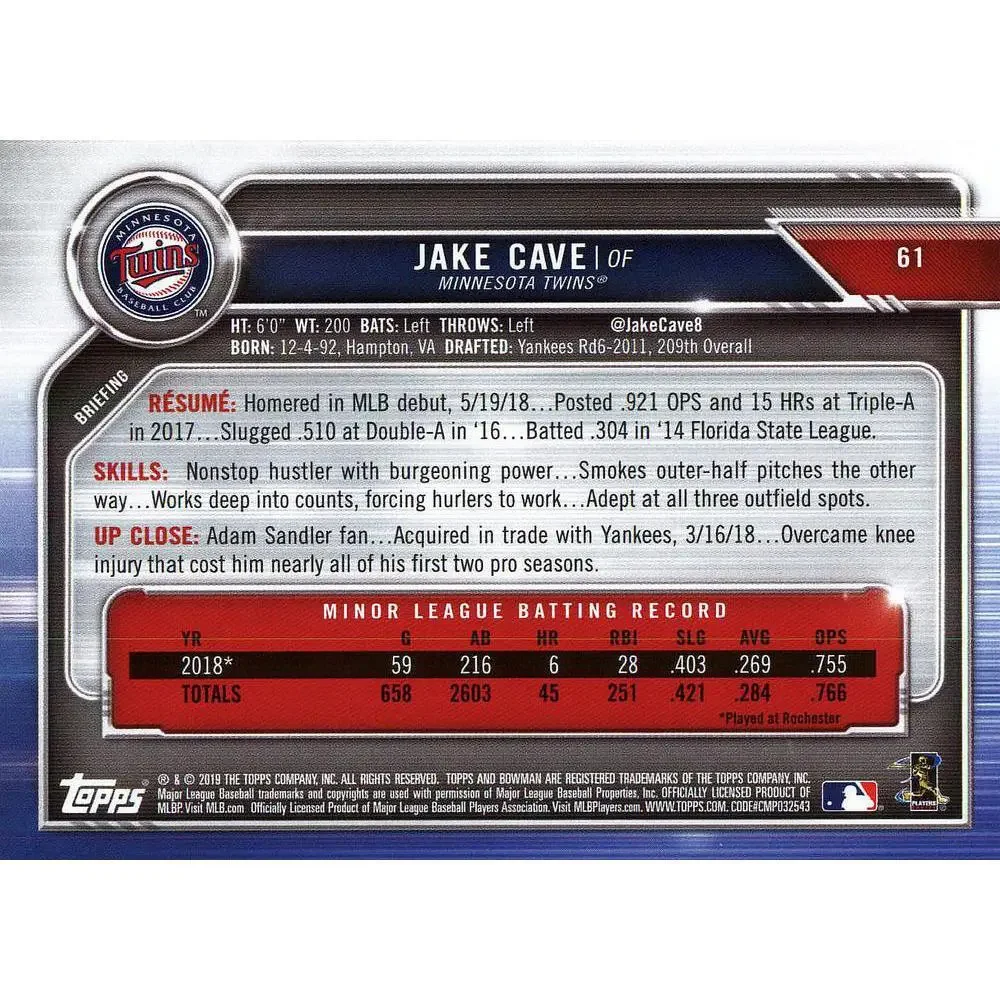 2019 Bowman Jake Cave RC #61 Minnesota Twins